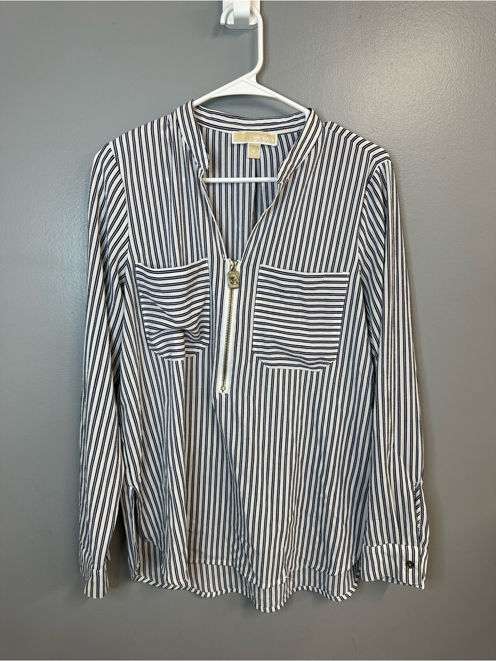 Michael Kors Women’s Navy and White Stripe Zip-Front Shirt
